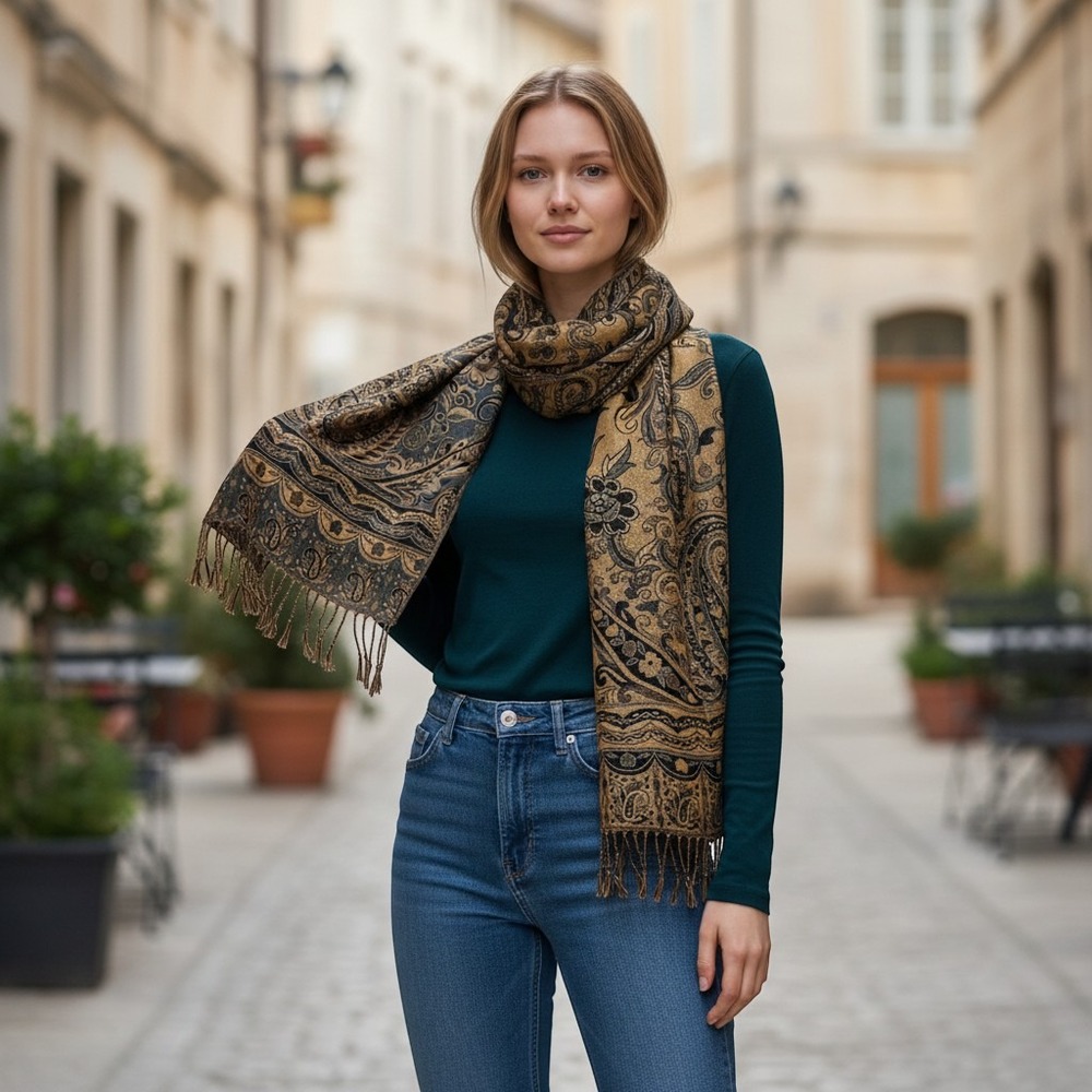 Gold Blue Paisley Pashmina Scarf Metallic Floral Reversible Fringe Wrap